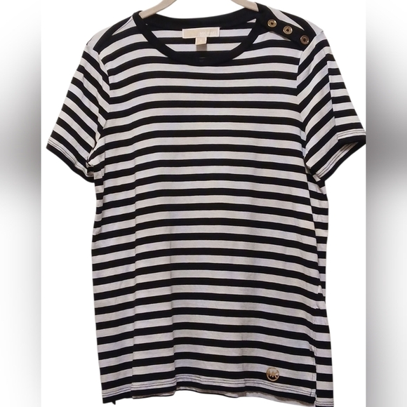 Michael Kors - Black & White Stripped Blouse, 3 Working Buttons On Left... - Picture 2 of 10